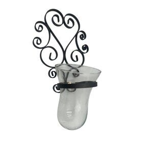 Wrought Iron Wall Sconce Candle Holder With Glass Hurricane Vase Black & Clear
